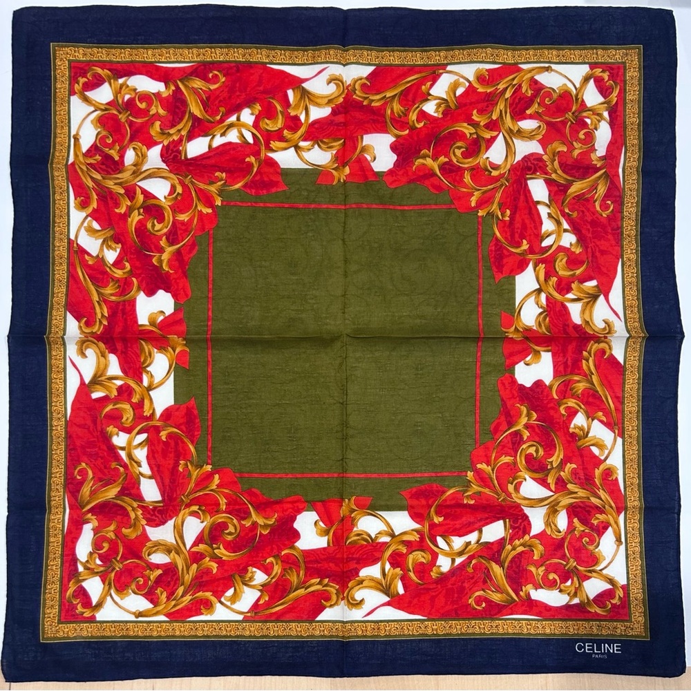 WOMEN HANDKERCHIEF CELINE Blue Green Gold Scarf COTTON POCKET SQUARE 20” - Picture 9 of 9